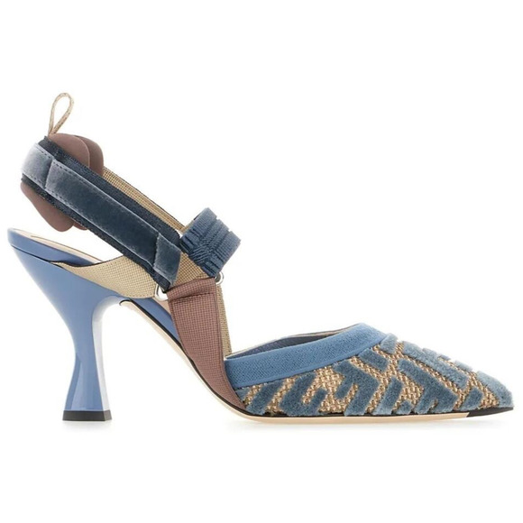 Fendi Colibri Lite 85mm Blue Velvet Beige FF Logo Pointed Slingback Heel Pump 42 - Picture 3 of 14